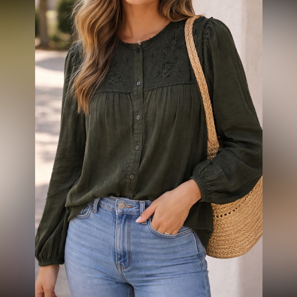 Zara Black Button-Front Embroidered Blouse